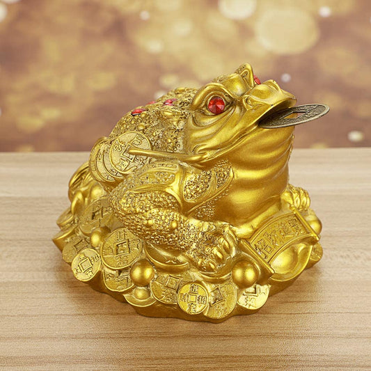 Large Money Toad Statue, Feng Shui Three Legged Toad with Coin, Lucky Charm Wealth Frog for Cash Register, Office Desk , House Warming, Store Opening Gift (Gold)