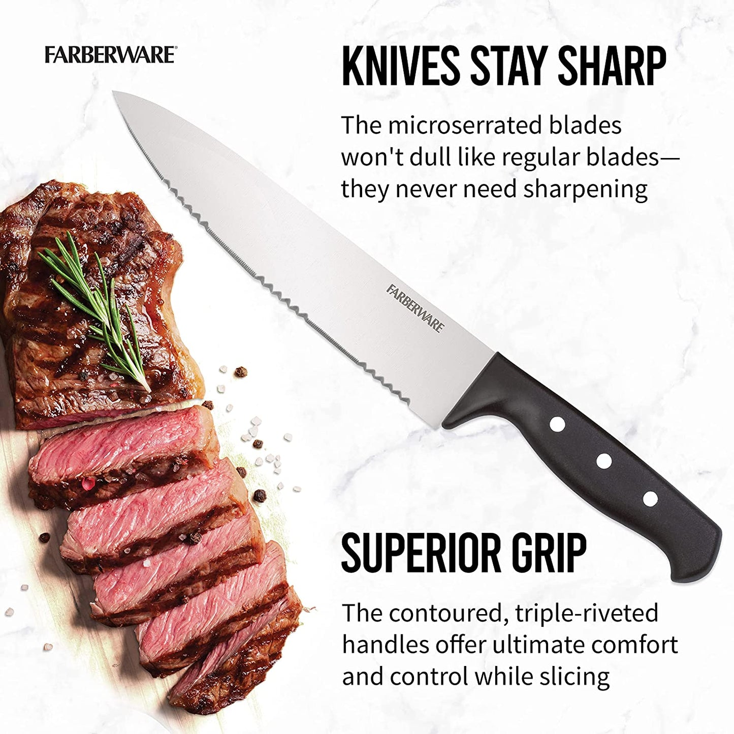 Farberware 22-Piece Never Needs Sharpening Triple Rivet High-Carbon Stainless Steel Knife Block and Kitchen Tool Set, Black