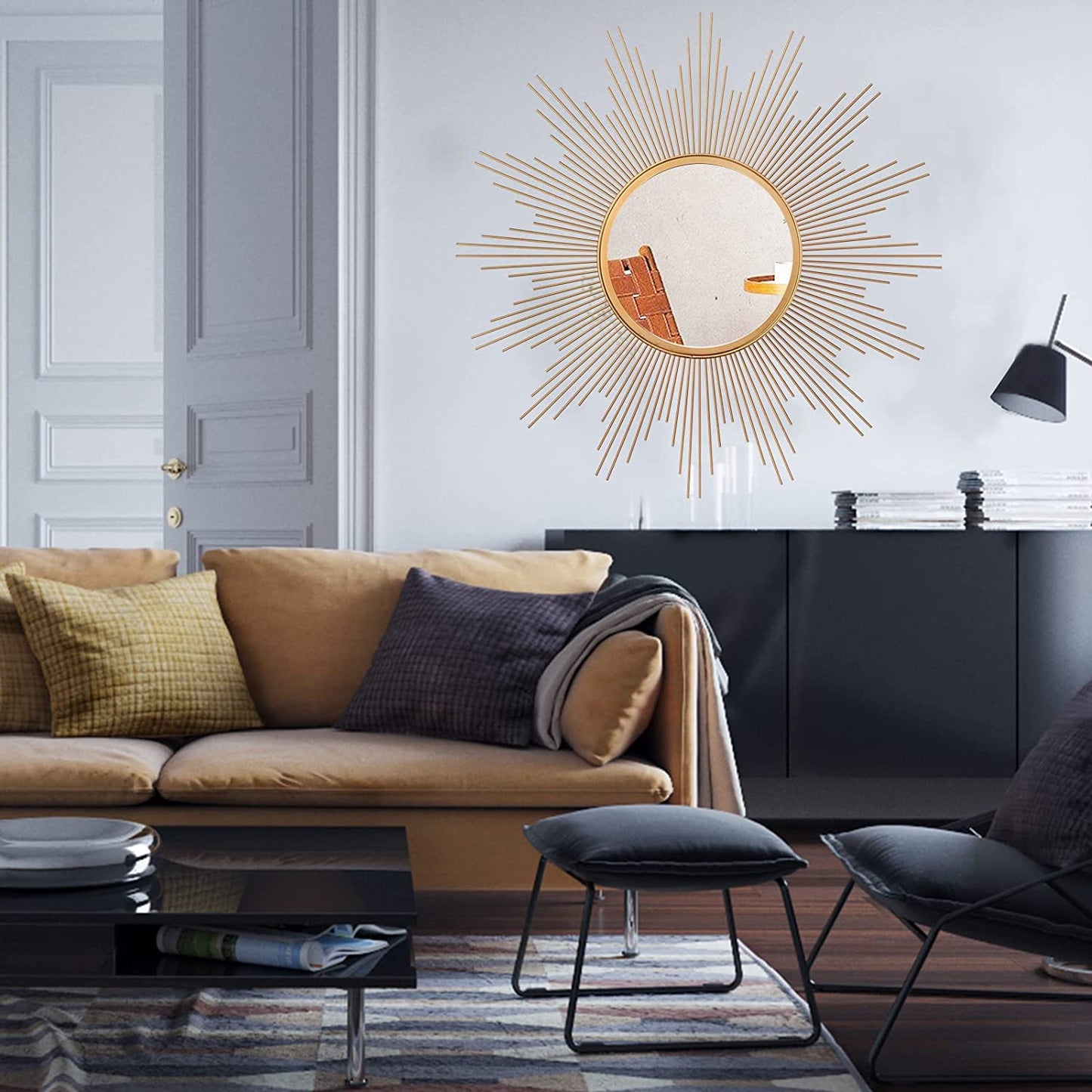 24'' Large Gold Sunburst Wall Mirror Boho Home Decor round Wall Art Mirror for Living Room/Bedroom/Bathroom/Entryway