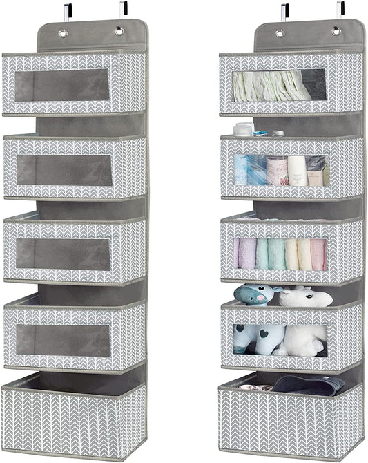 Over the Door Hanging Organizer with 5 Large Pockets - Wall Mount Pantry Storage with Clear PVC Window & 2 Big Metal Hooks for Closet,Bathroom,Nursery,Bedroom,Dorm,Baby Diapers,Kids Toys (Gray)