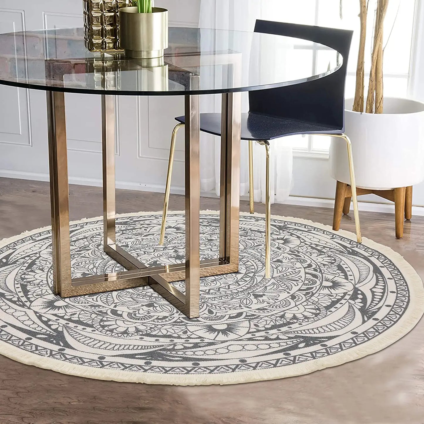 4 Ft round Area Rugs Washable Chic Bohemian Mandala Hand Woven Cotton round Rug with Tassels Indoor Throw Area Rug Circle Carpet for Living Room Kids Room