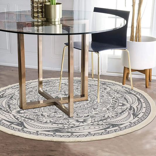 4 Ft round Area Rugs Washable Chic Bohemian Mandala Hand Woven Cotton round Rug with Tassels Indoor Throw Area Rug Circle Carpet for Living Room Kids Room