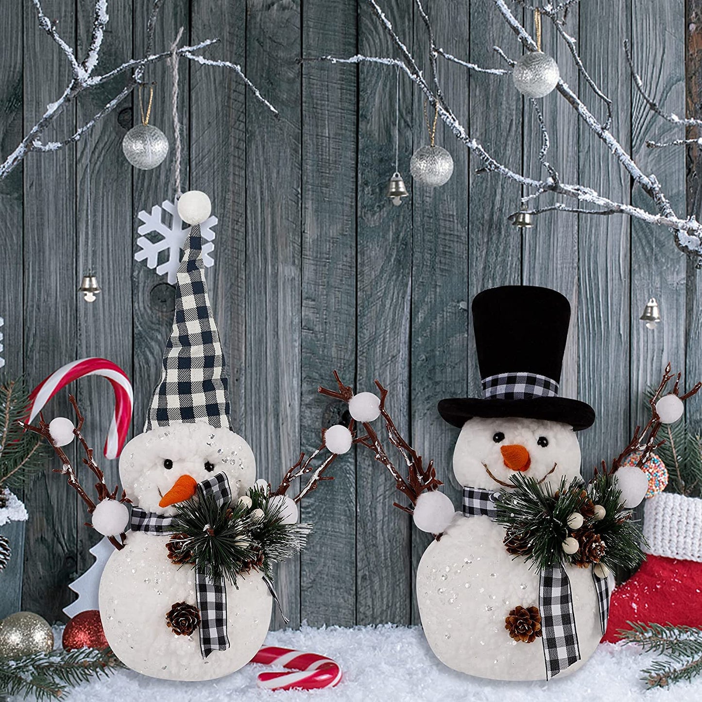 Christmas Table Decorations, Set of 2 Snowman with Pine Cone Twigs, Winter Tabletop Decor for Indoor Home Kitchen Fireplace Office Room Xmas Gifts Holiday Party