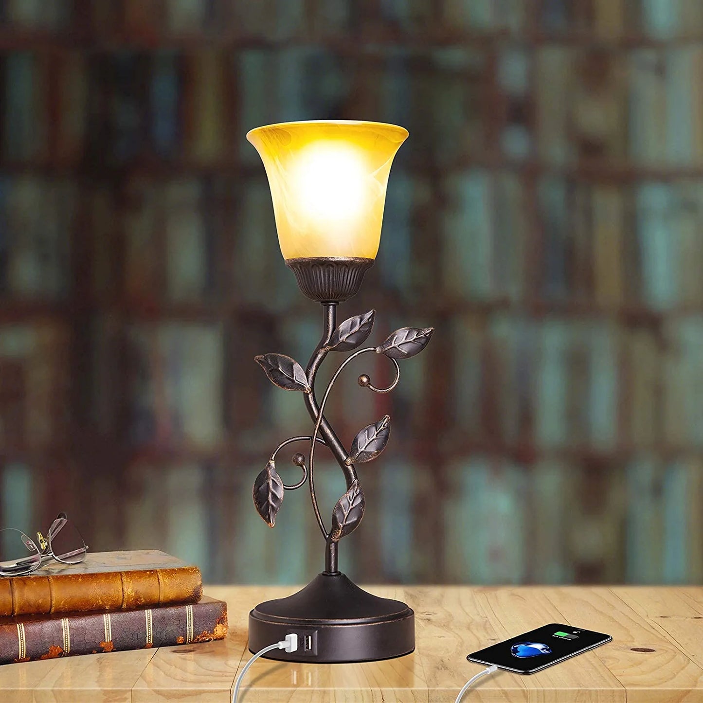 Touch Control Table Lamp with 2 USB Charging Ports, 3-Way Dimmable Bedside Nightstand Lamps, Amber Glass Shade Vintage Rural Leaf Lamp for Living Room, Bedroom, Dresser, LED Bulb Included (Bronze)