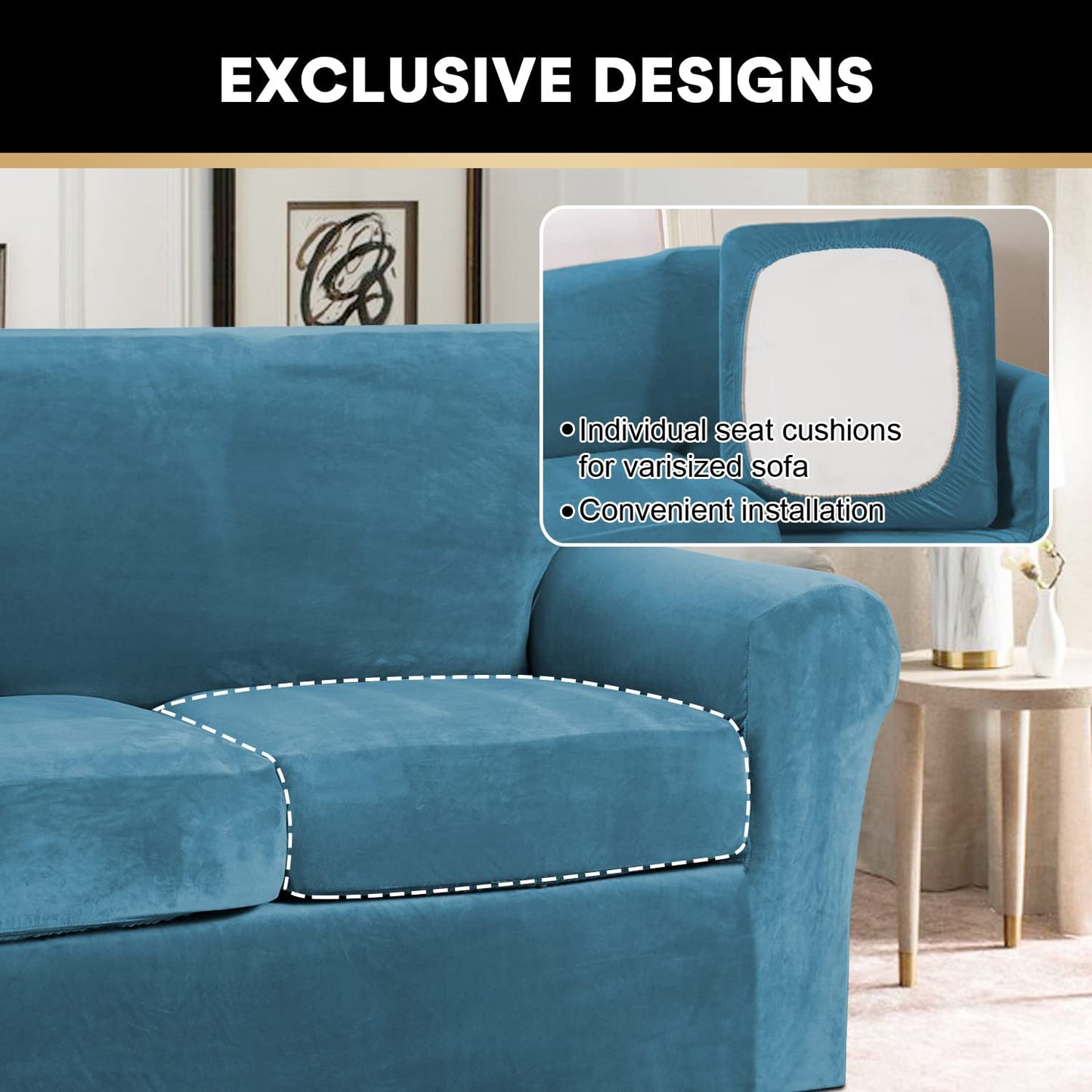 4 Pieces Sofa Covers Stretch Velvet Couch Covers for 3 Cushion Sofa Slipcovers Soft Sofa Slip Covers Furniture Covers with 3 Individual Seat Cushion Covers, Machine Washable (Large, Blue)