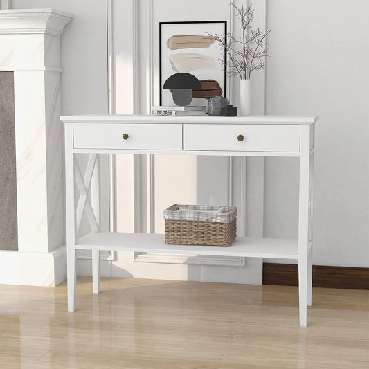 Oxford Console Table with 2 Drawers, Sofa Table Narrow for Entryway, White