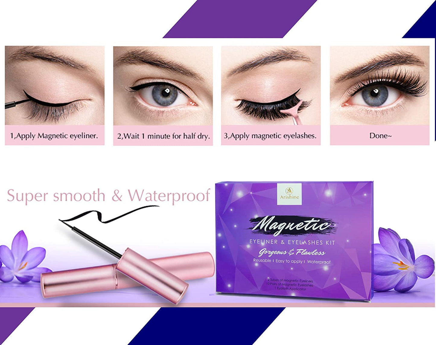 Updated 3D 6D Magnetic Eyelashes with Eyeliner Kit- 2 Tubes of Magnetic Eyeliner & 10 Pairs Magnetic Eyelashes Kit-With Natural Look & Reusable False Lashes -No Glue Need