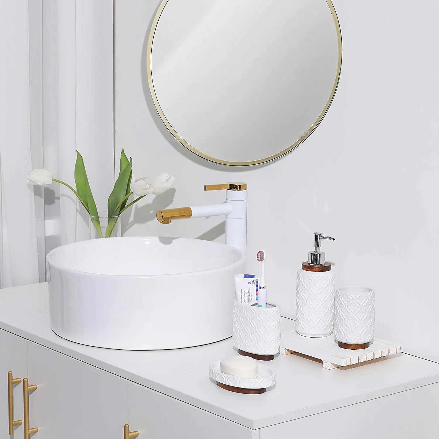 Bathroom Accessories Set 4 Pcs Toothbrush Holder Soap Dispenser Set Ceramic and Wood Bathroom Set Contain Toothbrush Cup Soap Dispenser Soap Dish Tumbler