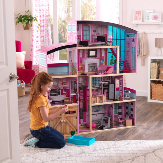 Shimmer Mansion Wooden Dollhouse, over 4 Feet Tall, Lights & Sounds and 30 Pieces