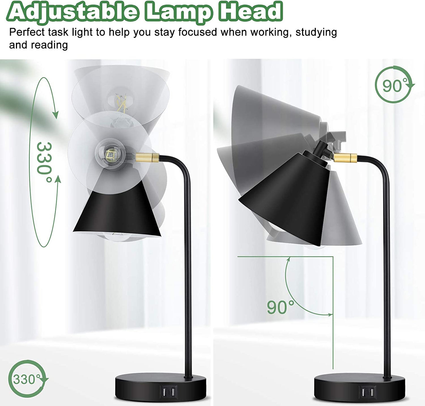 Industrial 3 Way Dimmable Touch Control Desk Lamp with 2 USB Ports & AC Outlet Bedside Nightstand Reading Lamp Flexible Head Farmhouse Black Table Lamp for Office Bedroom Living Room Bulb Included