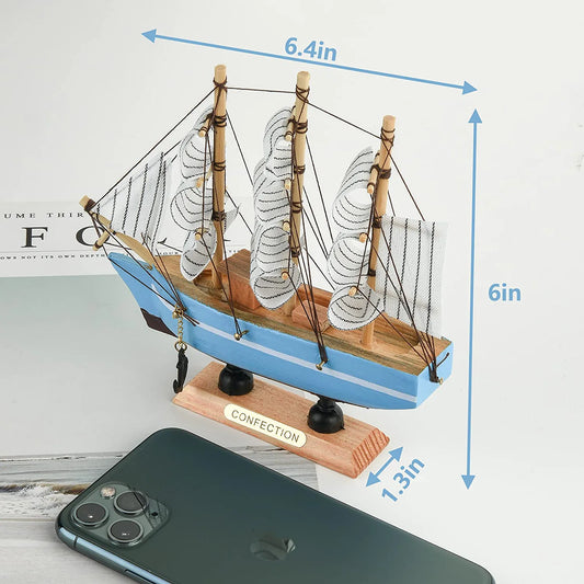 6.5 Inch Mediterranean Marine Style Wooden Handcrafted Sailing Ship Boat Model Ornament Nautical Home Desktop Decoration