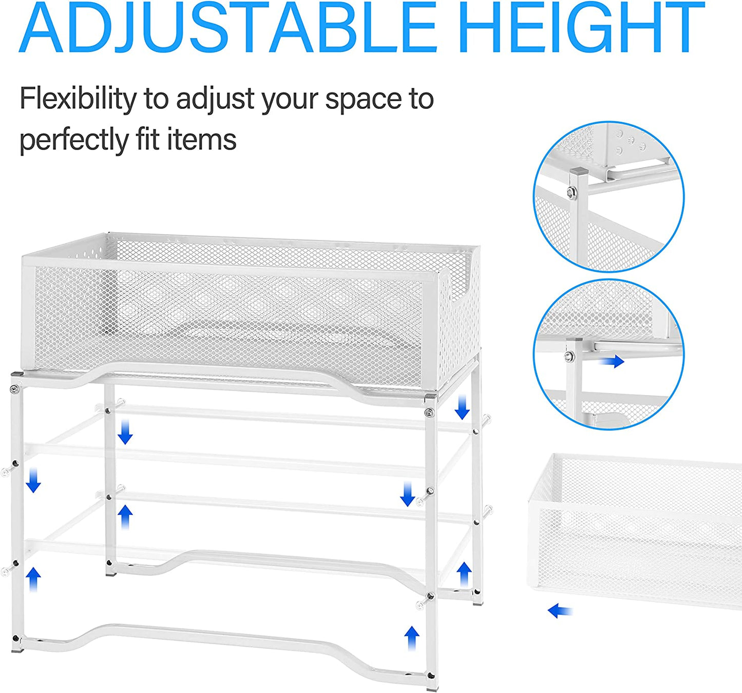 Stackable 2-Tier under Sink Cabinet Organizer with Sliding Storage Drawer, White
