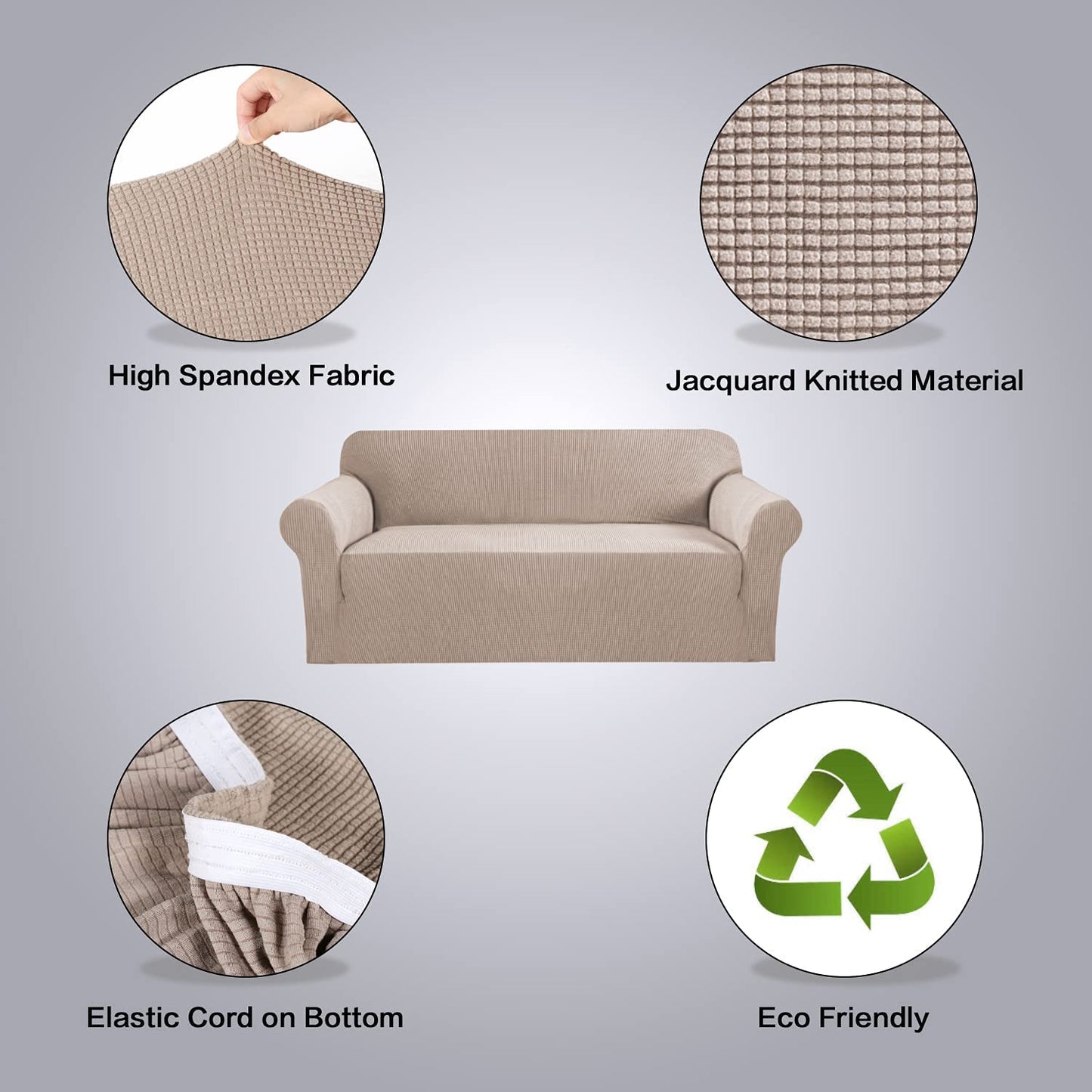 Stretch Sofa Covers for 3 Cushion Couch Covers Sofa Slipcovers for Living Room Feature Thick Checked Jacquard Fabric with Elastic Bottom, Sofa Large - Sand