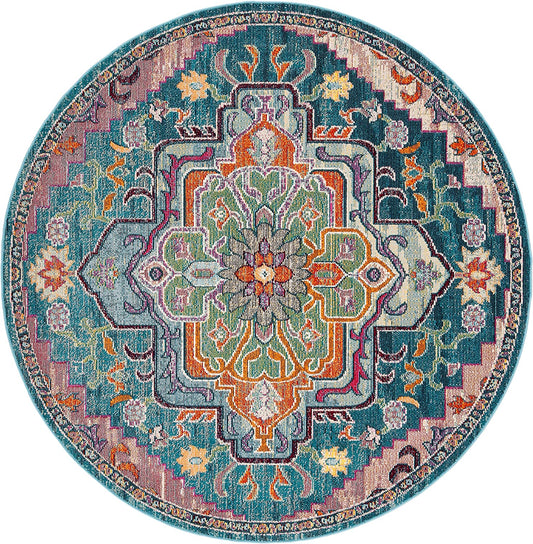 Crystal Collection 5' X 5' round Teal/Rose CRS501T Boho Chic Oriental Medallion Distressed Non-Shedding Dining Room Entryway Foyer Living Room Bedroom Area Rug