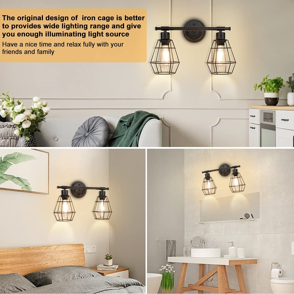 2-Light Industrial Bathroom Vanity Light, Farmhouse Metal Cage Wall Sconces, Rustic Matte Black Wall Mount Light Fixtures, Porch Wall Lamps for Living Room, Mirror Cabinets, Bedroom, E26 Base