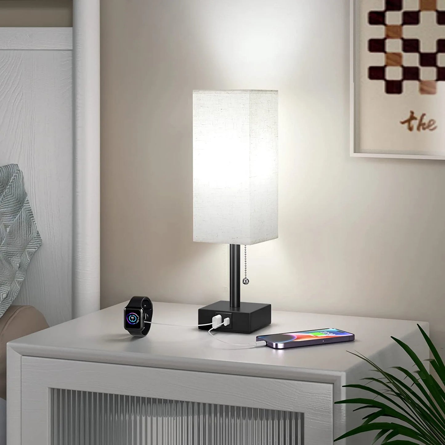 Bedside Table Lamp with 3 Levels Brightness - 2700/3500/5000K Small Lamp with USB C+A Ports, Nightstand Lamp with 3 Color Modes by Pull Chain, Bedroom Lamp for Living Read Work(Led Bulb Included)