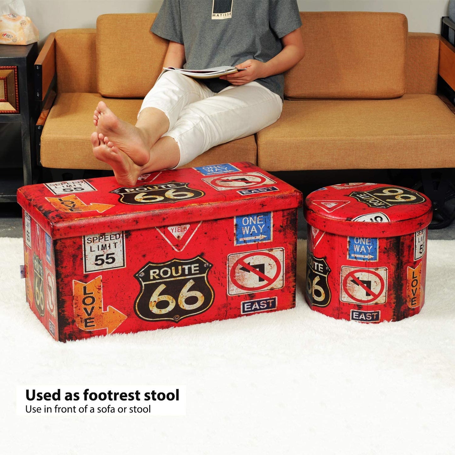 Folding Storage Ottoman Bench with Faux Leather Footrest Seat, Coffee Table Red 30"X15"X15"