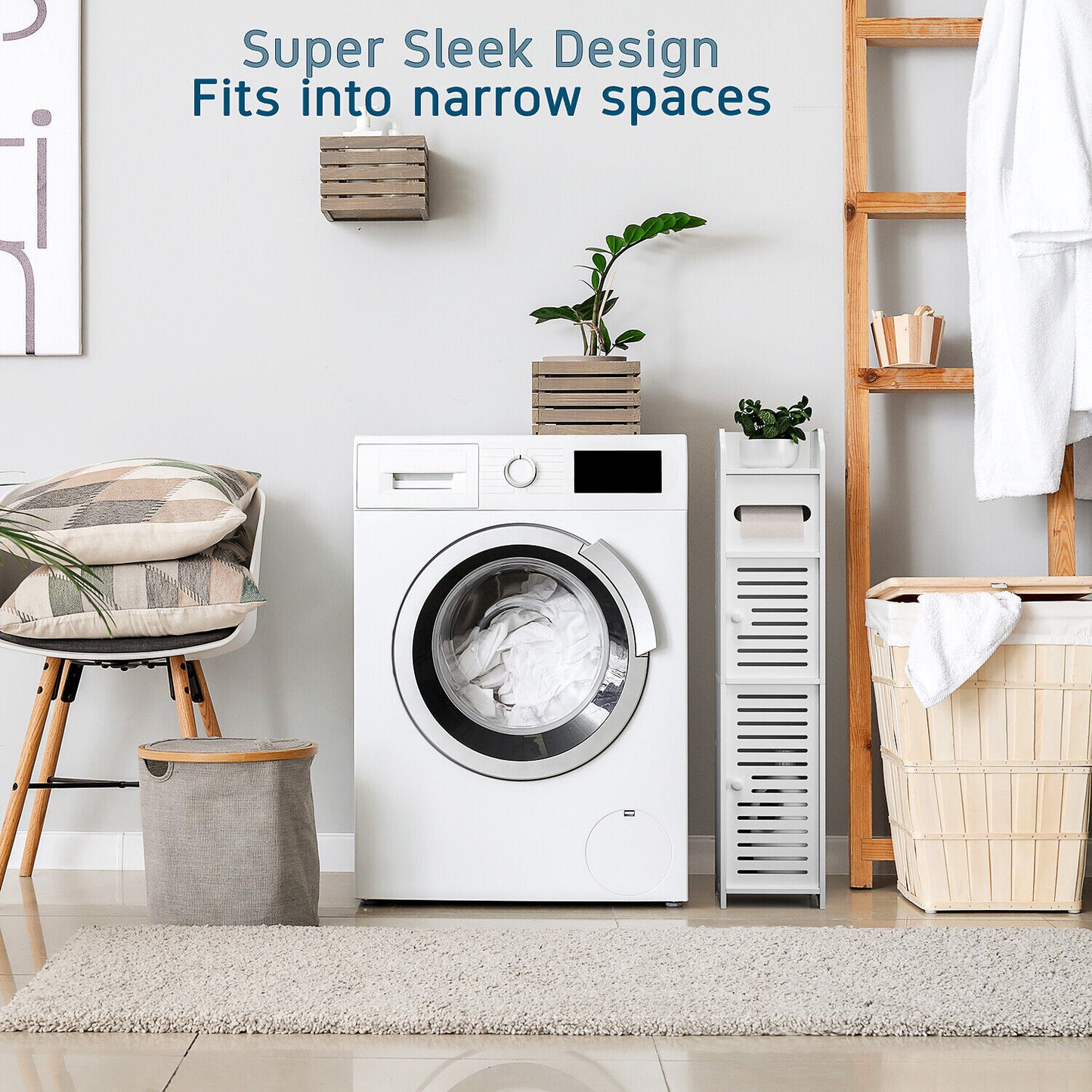 Storage Cabinet Floor Standing Toilet Paper Organizer Shelves with Door Bathroom