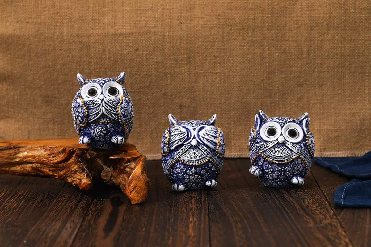 Owl Figurine with See No Evil,Hear No Evil,Speak No Evil,Adorable Decoration for Home Office Set of 3,Purple