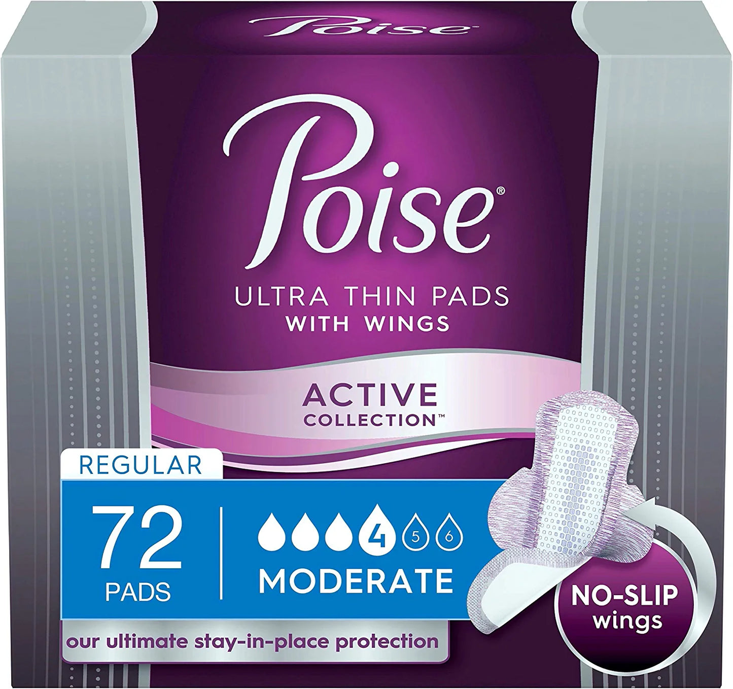 Poise Ultra Thin Incontinence Pads with Wings, Active Collection, Moderate Absorbency, 18 Count (Pack of 4)