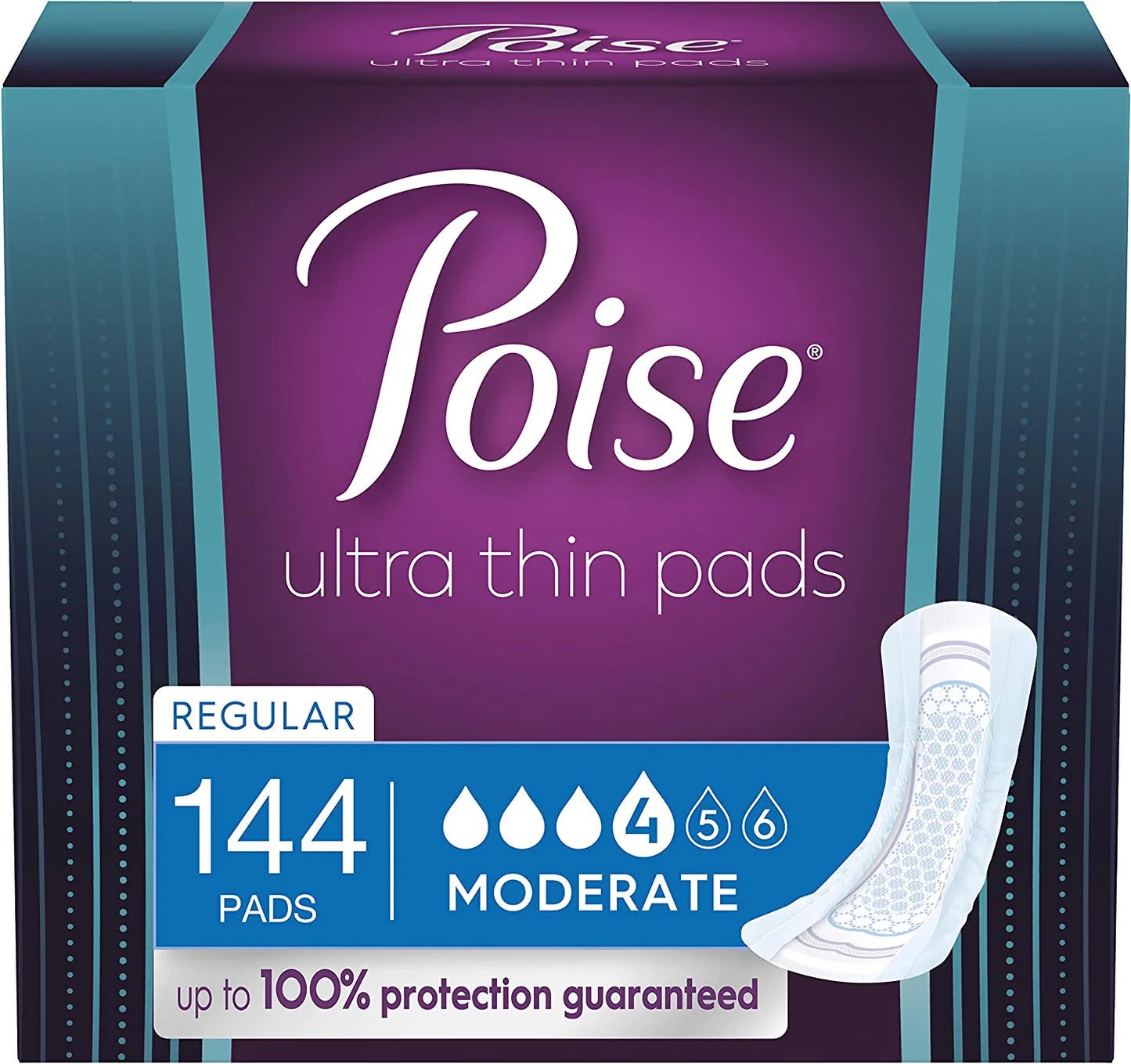 Poise Ultra Thin Incontinence Pads for Women, Moderate Absorbency, Regular Length, 144 Count (3 Packs of 48) (Packaging May Vary)
