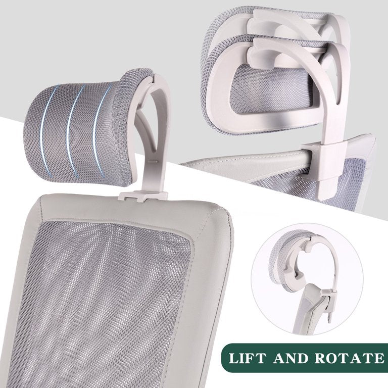 Office Chair, High Back Desk Chair Ergonomic Mesh Computer Chair with Headrest and PU Arms, Gray
