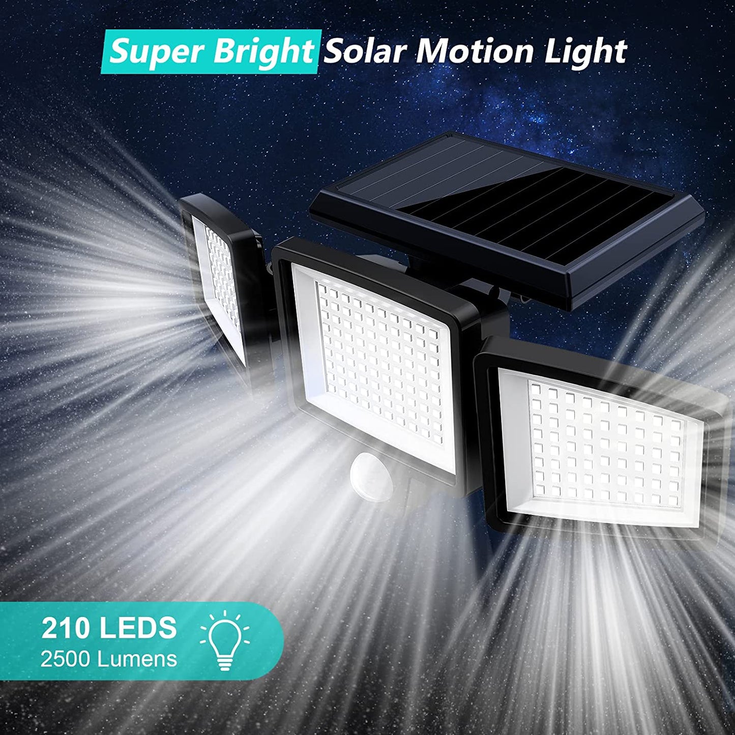 Solar Outdoor Lights , 2500LM 210 LED Security Lights with Remote Control,3 Heads Motion Sensor Lights, IP65 Waterproof,270° Wide Angle Flood Wall Lights with 3 Modes(2 Packs)