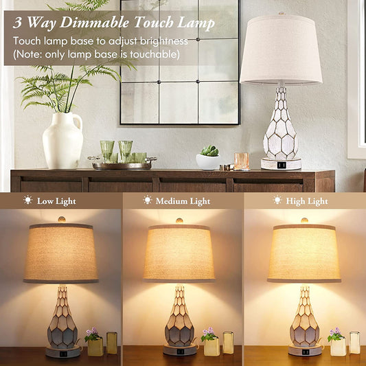 Rustic Dimmable Touch Table Lamps Set of 2 Retro Bedside Lamps with 2 USB Charging Ports 3-Way Dimmable Nightstand Lamps for Bedroom Living Room Office Vintage Desk Lamps with Fabric Shade & LED Bulbs