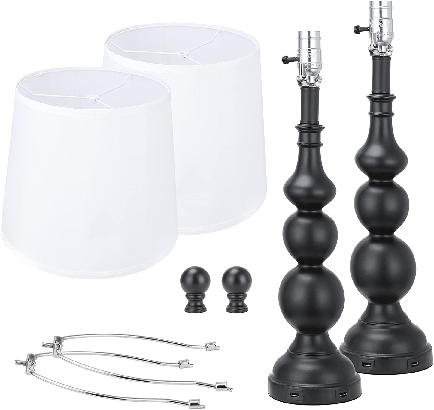 USB Table Lamp Set of 2 - Room Lamps with USB Charging Ports, Industrial Farmhouse Nightstand Lamp with Fabric Lampshade, Bedside Lamp Sets with Rotary Switch for Living Room Bedroom(Bulbs Included)