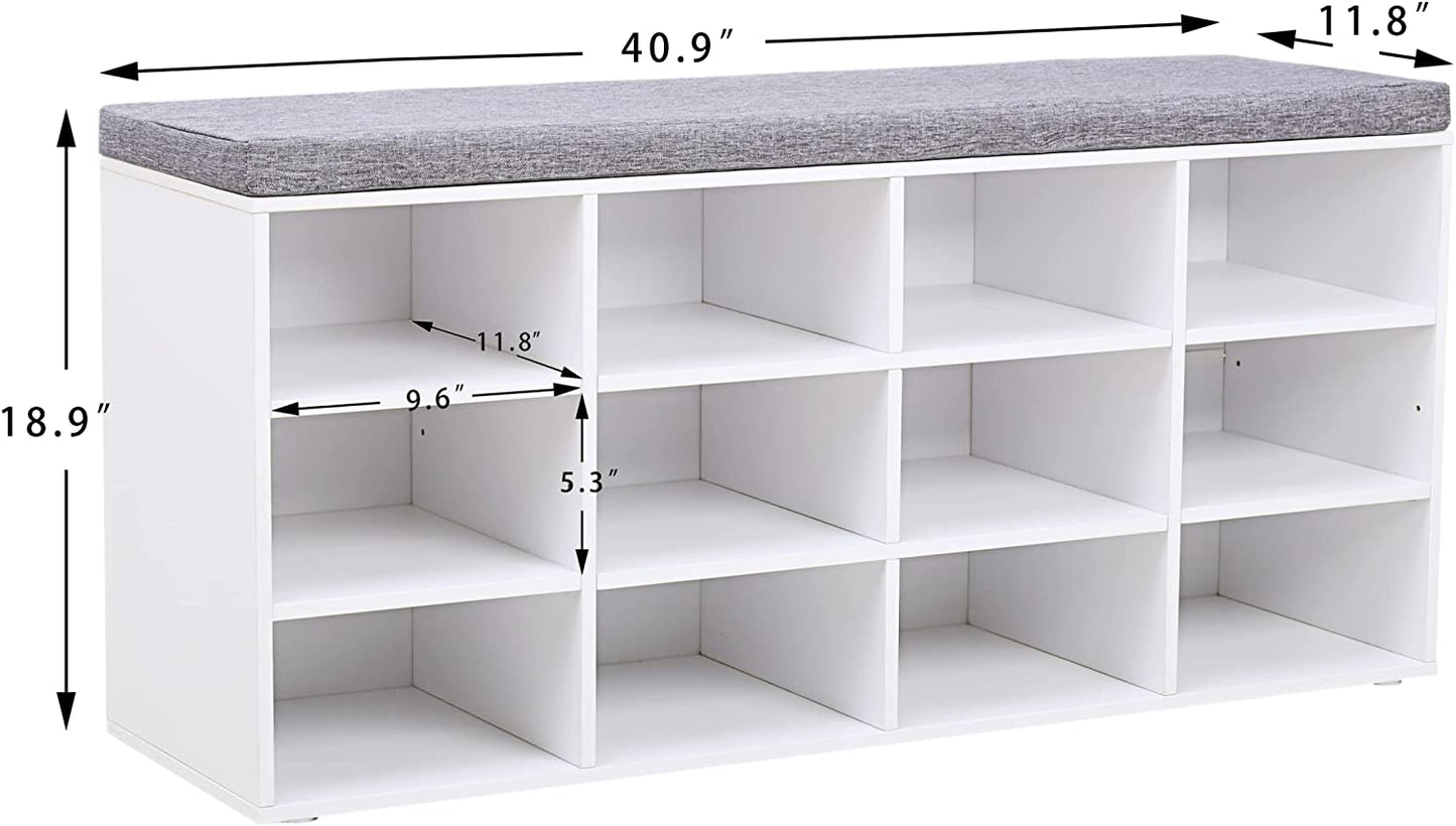Shoe Storage Bench with Cushion, Cubby Shoe Rack with 12 Cubbies, Adjustable Shelves, Multifunctional Shoe Organizer Bench for Entryway, Mudroom, Hallway, Closet and Garage, White