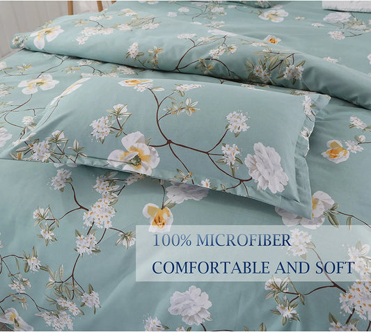Bedding Duvet Cover Set Queen, 3 Pieces – 800-Thread Floral Microfiber down Comforter Quilt Cover Zipper & Tie for Women & Men’S Bedroom, Luxury Guestroom Decor -Teal