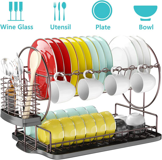 Dish Drying Rack with Drainboard for Kitchen Counter, Bronze 2 Tier Dish Rack with Utensil Holder, Multifunction Dishes Drainer with Drainage, Double Tier Plate Drying Rack with Tray