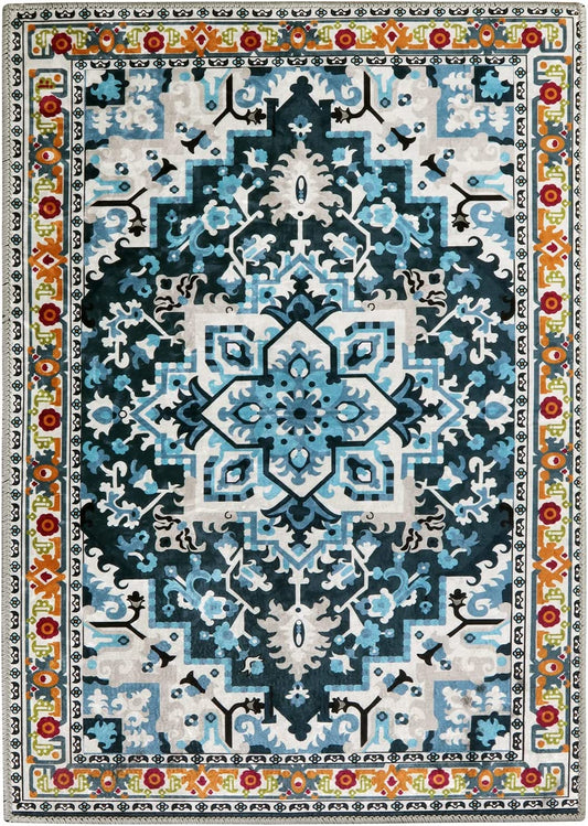 Boho Persian Area Rug - 3X5 Washable Blue Entryway Small Rug Vintage Accent Throw Non-Slip Oriental Distressed Low Pile Rug for Entryway Bedroom Bathroom Kitchen Door Mat Living Room Rug