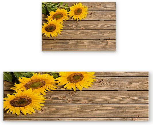 Kitchen Rugs Sets 2 Piece Floor Mats 3 Sunflower on the Wooden Table Doormat Non-Slip Rubber Backing Area Rugs Washable Carpet inside Door Mat Pad Sets (15.7" X 23.6"+15.7" X 47.2")