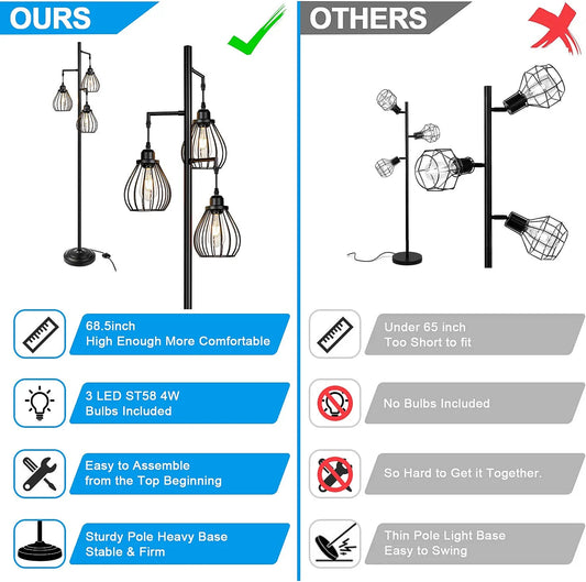 Industrial Floor Lamp for Living Room, Tree Floor Lamp with 3 Elegant Teardrop Cage Heads & ST58 Edison LED Bulbs, Sturdy Base Tall Vintage Pole Light Great for Farmhouse Rustic Bedroom Office