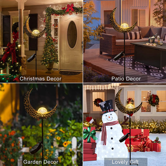 Garden Solar Lights Pathway Outdoor Moon Crackle Glass Globe Stake Metal Lights,Waterproof Warm White LED for Lawn,Patio or Courtyard (Bronze)