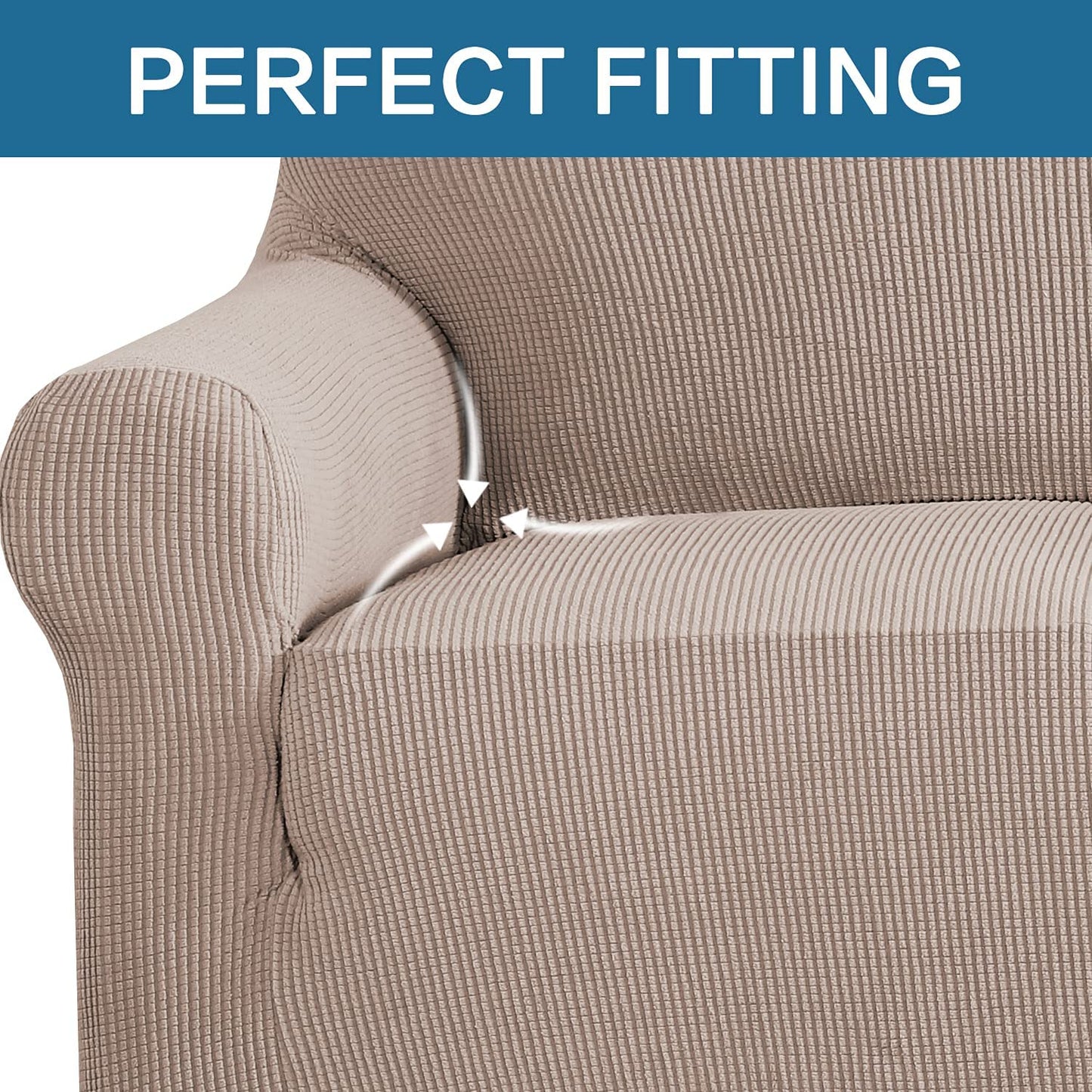 Stretch Sofa Covers for 3 Cushion Couch Covers Sofa Slipcovers for Living Room Feature Thick Checked Jacquard Fabric with Elastic Bottom, Sofa Large - Sand