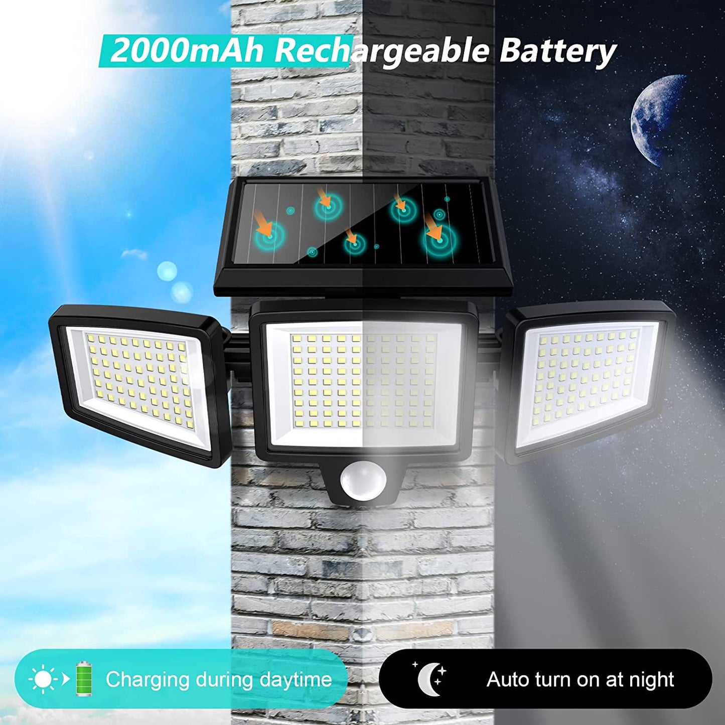 Solar Outdoor Lights , 2500LM 210 LED Security Lights with Remote Control,3 Heads Motion Sensor Lights, IP65 Waterproof,270° Wide Angle Flood Wall Lights with 3 Modes(2 Packs)