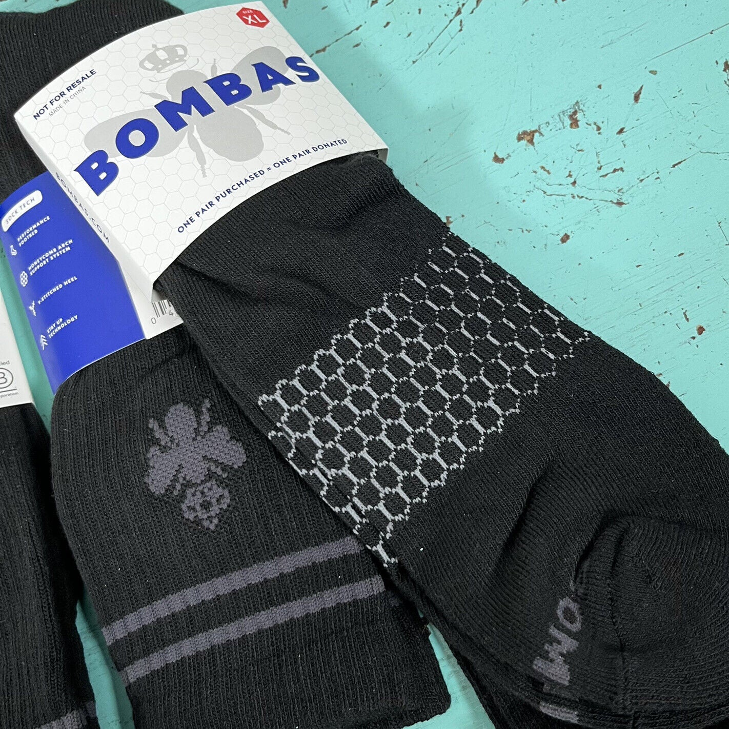 BOMBAS Men'S Crew Socks Size XL Black Lot of 4 Pairs Honeycomb Size 13+ NWT