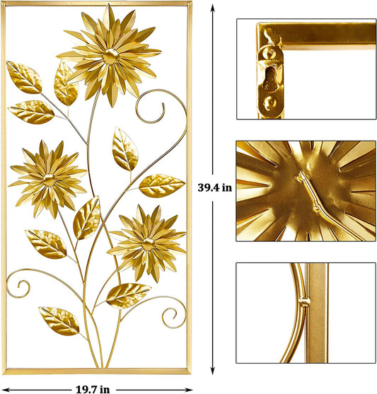 Gold Wall Sculptures, 39 Inch Golden Rectangular Metal Wall Decor with Frame, Gold Metal Flower Wall Art Sculpture for Living Room, Bedroom, Office, Study, Large (Golden-1 Pack)