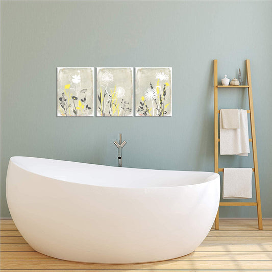 3 Pieces Yellow and Grey Flowers Wall Art Abstract Smiple Life Dandelion Floral Plant Art Print for Bathroom Bedroom Home Decor Stretched and Framed Ready to Hang 12X16Inchx3Pcs
