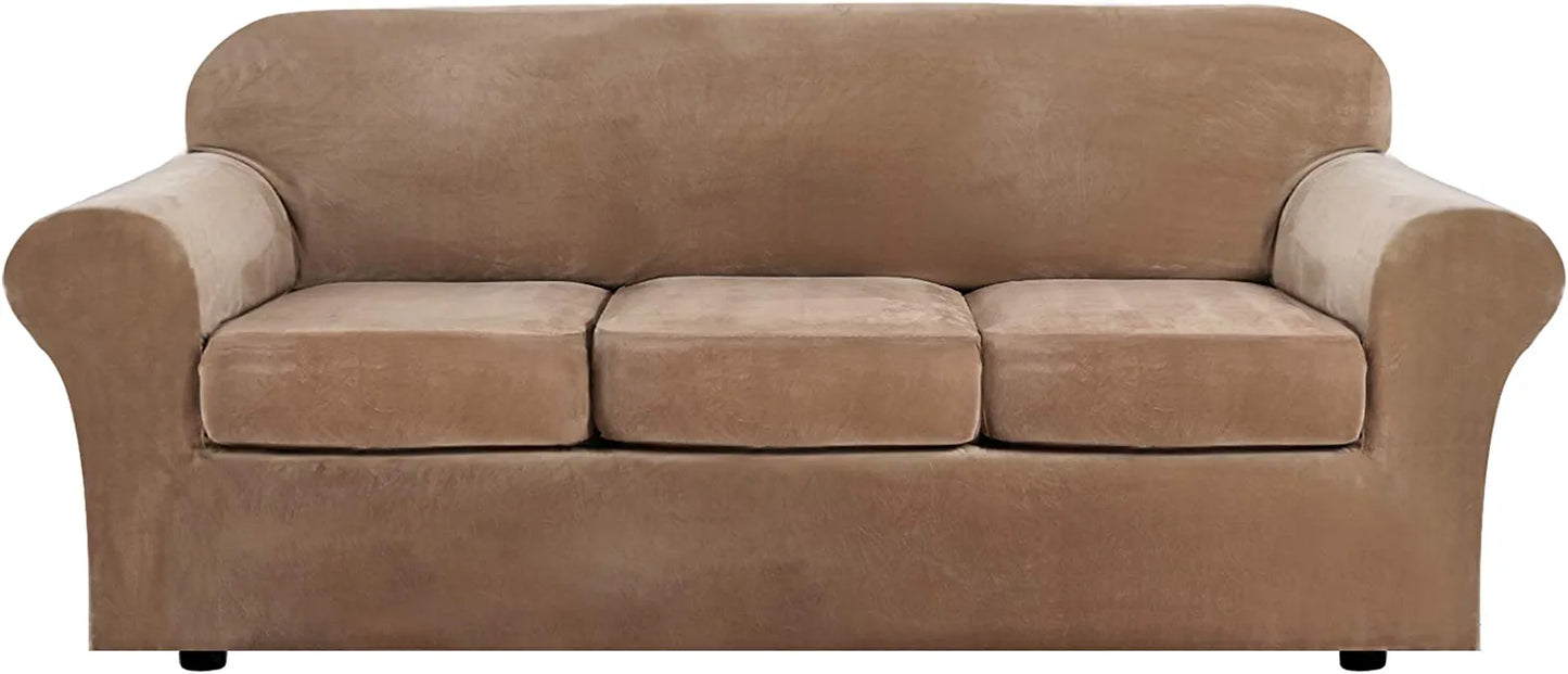 Modern Velvet Plush 4 Piece High Stretch Sofa Slipcover Sofa Cover Furniture Protector Form Fit Luxury Thick Velvet Sofa Cover for 3 Cushion Couch, Machine Washable (Sofa,Camel)