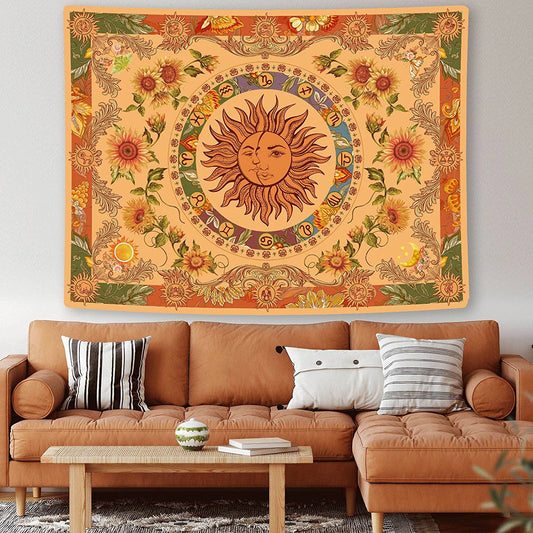 Yellow Sun and Moon Tapestry Vintage Indie Boho Tapestry Wall Hanging with Sunflowers Butterfly Moth Constellation Aesthetic Wall Tapestries for Bedroom Dorm Living Room (Orange, 50'' × 60'')