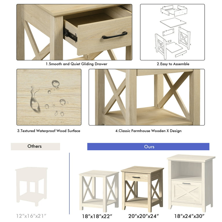 Benton Park Farmhouse X-Design End Table with Storage Drawer, Warm Oak