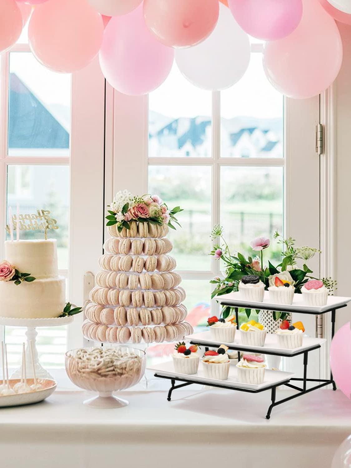 3 Tier Serving Tray Set 12 Inch Porcelain Tiered Serving Trays Platters, Collapsible Sturdier Stand with Stable Cross Bars, Three Layer Serving for Party Entertaining Food Display Fruit Dessert