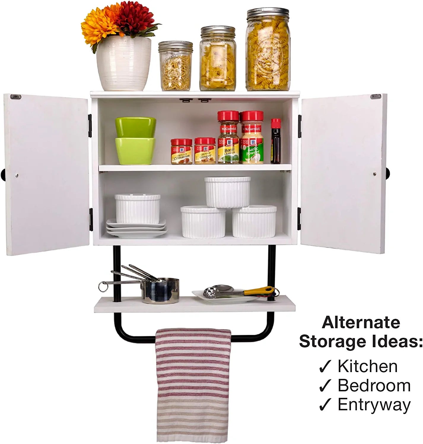 17X21” Barndoor Bathroom Wall Cabinet, Space Saver Storage Cabinet Kitchen Medicine Cabinet with Adjustable Shelf and Towel Bar, White