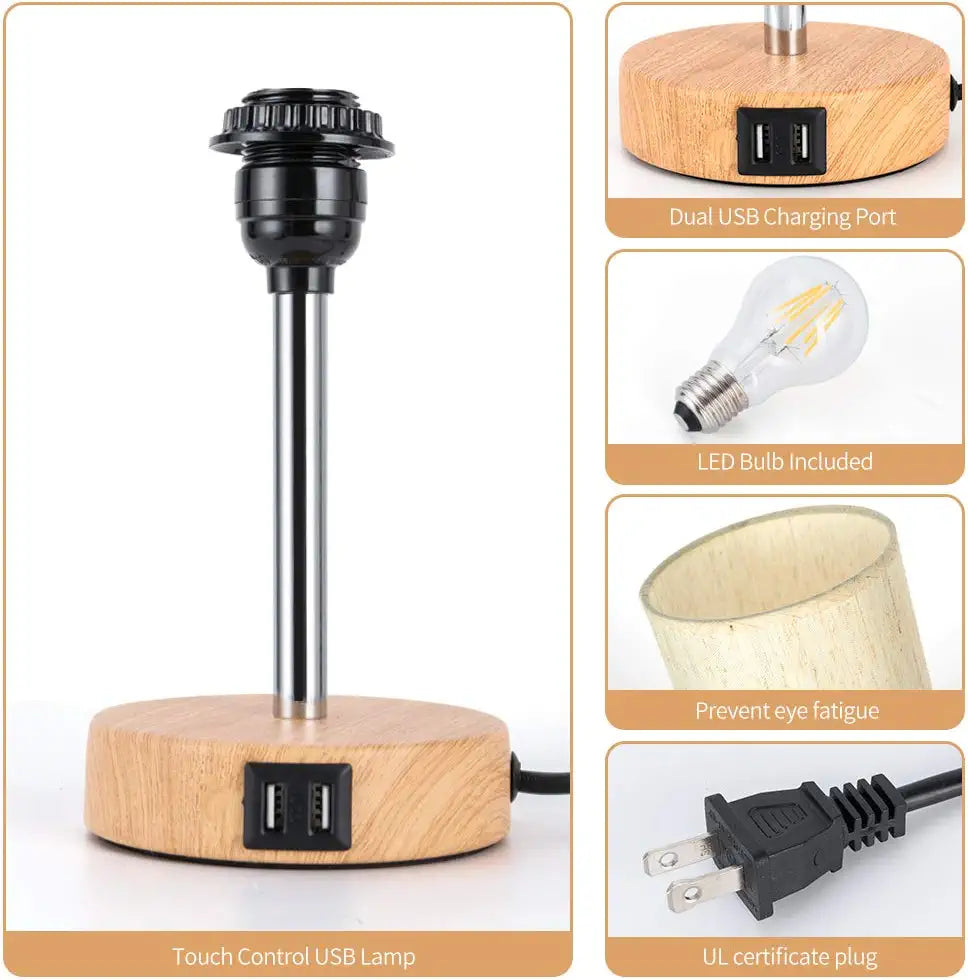 Bedside Lamp with USB Port - Touch Control Table Lamp for Bedroom Wood 3 Way Dimmable Nightstand Lamp with round Flaxen Fabric Shade for Living Room, Dorm, Home Office (LED Bulb Included)
