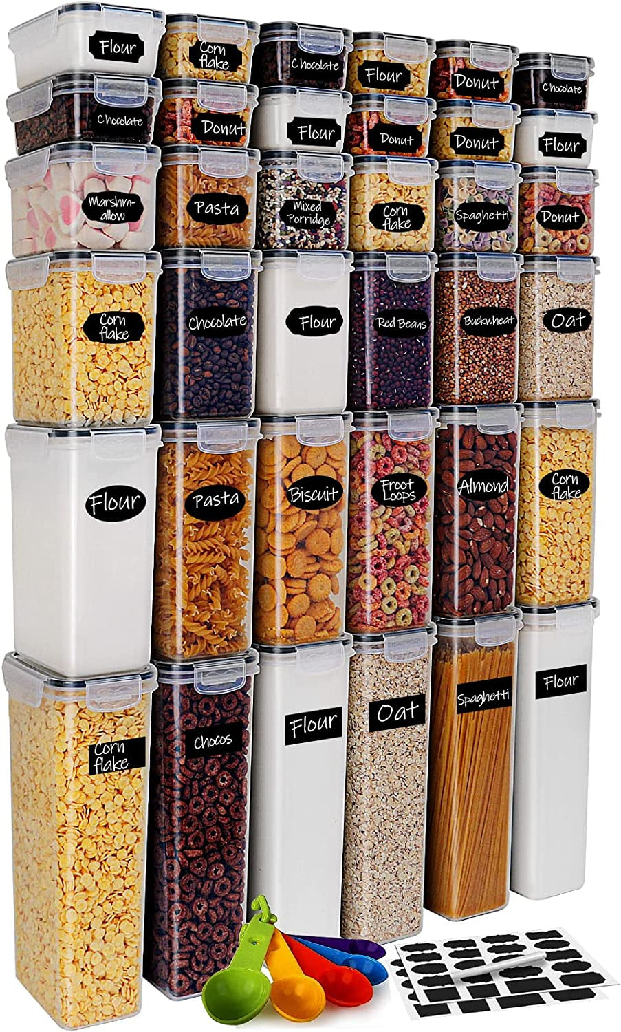 Airtight Food Storage Containers 36-Piece Set, Kitchen & Pantry Organization, BPA Free Plastic Storage Containers with Lids, for Cereal, Flour, Sugar, Baking Supplies, Labels & Measuring Cups