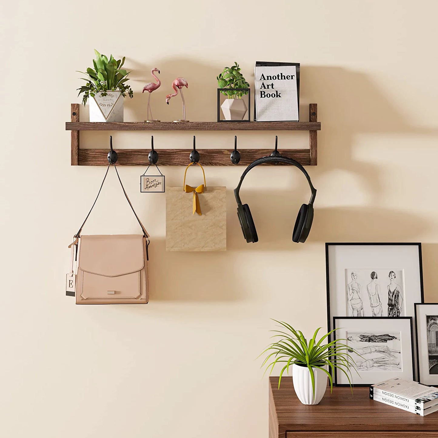 Wall Hooks with Shelf 28.9 Inch Length Entryway Wall Hanging Shelf Wood Coat Hooks for Wall with Shelf Wall-Mounted Coat Hook Rack with 5 Dual Hooks for Bathroom, Living Room, Bedroom (Brown )