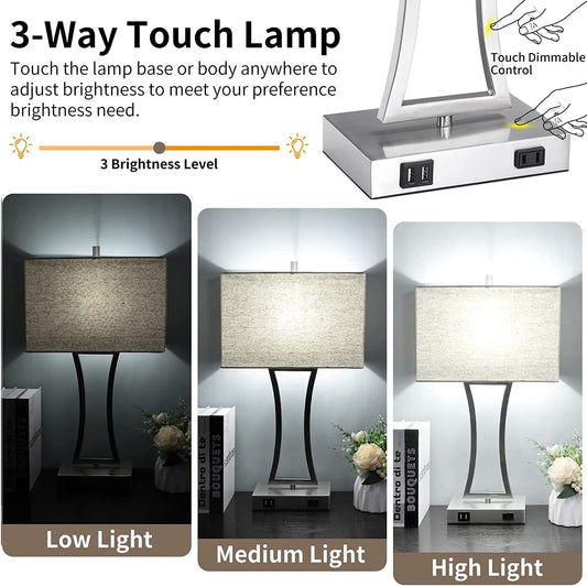 Set of 2 Touch Control 3-Way Dimmable Table Lamp, Nightstand Lamp with USB Port AC Outlet Bedside Nightstand Lamp for Living Room, 22In, Cream Shade, Daylight White Bulbs Included